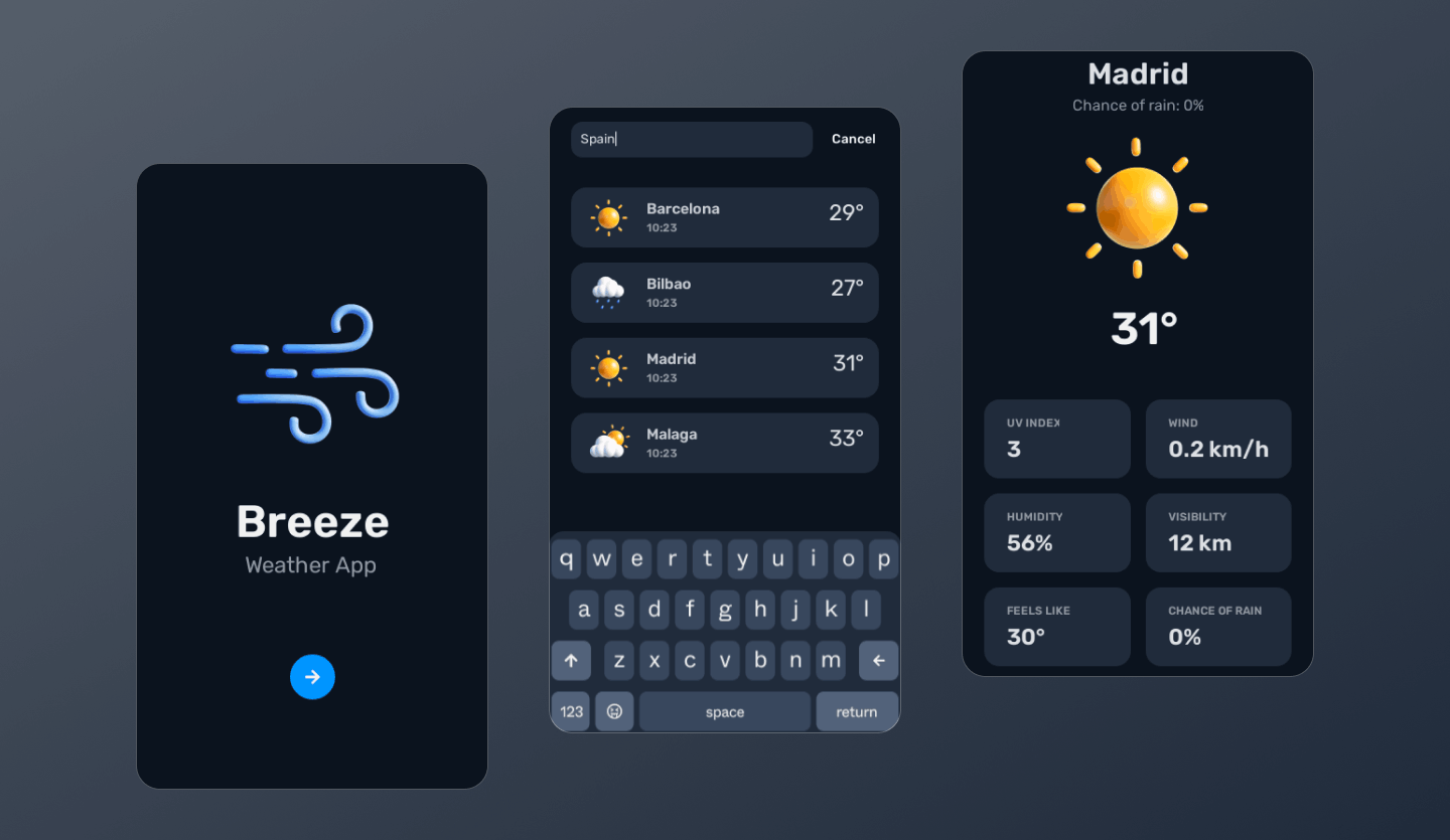 mobile weather app in dark mode